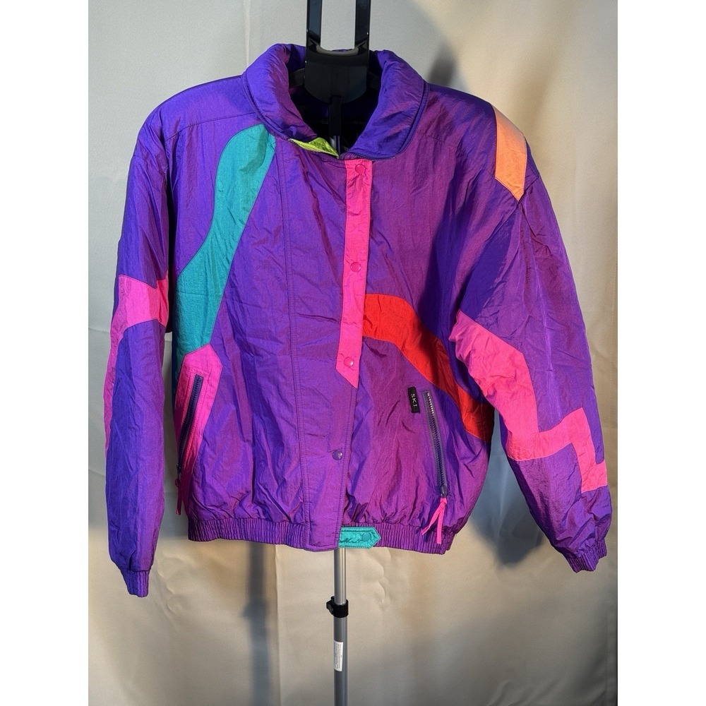 Vintage SKI Colorblock Jacket Women's XL Purple Pink Neon 80s 90s Puffer Coat